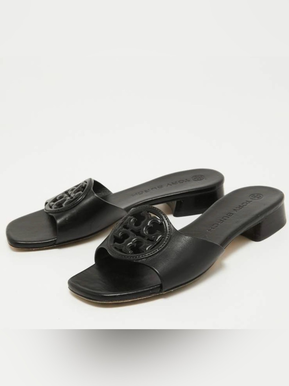 Tory Burch Bombe Black Leather Medallion Slide Sandals 10M